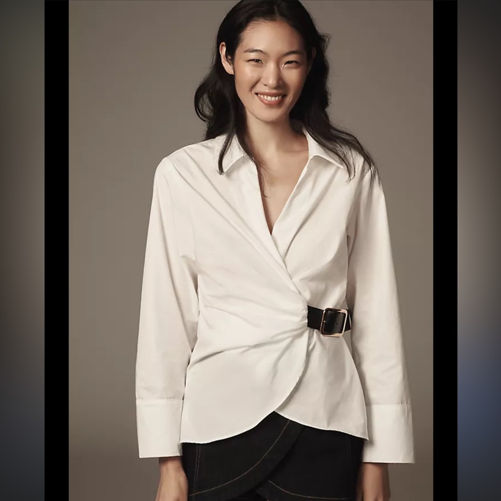 Anthropologie White Long Sleeve Belted Buckle Blouse Size XXS